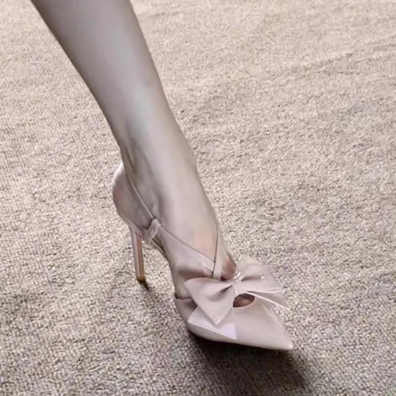 Spring New Stiletto Pointed Toe Bow High Heels Women's Bright Leather Temperament Back Empty Stiletto Sandals