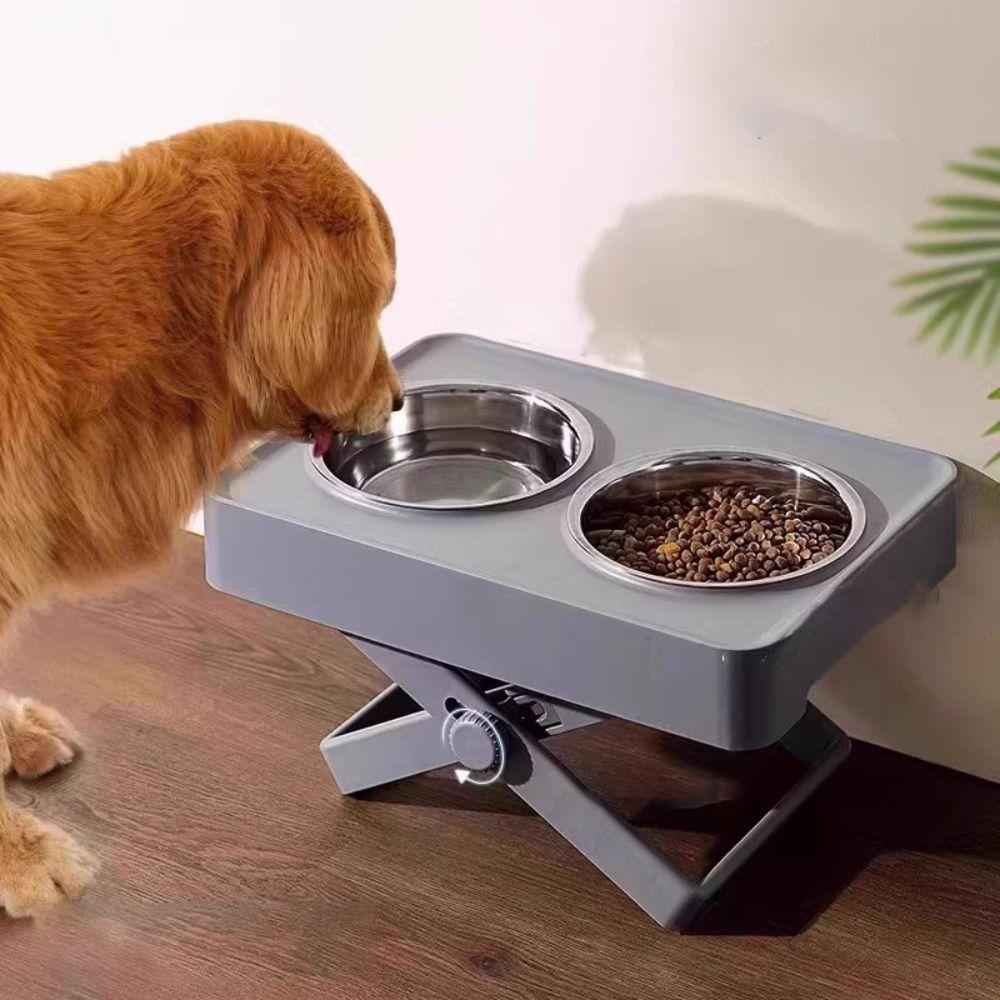 Adjustable Height Neck Protection Dog Bowl Spill-proof Double Bowl Design Dog Watering Bowl Stainless Steel Stable Pet Feeder