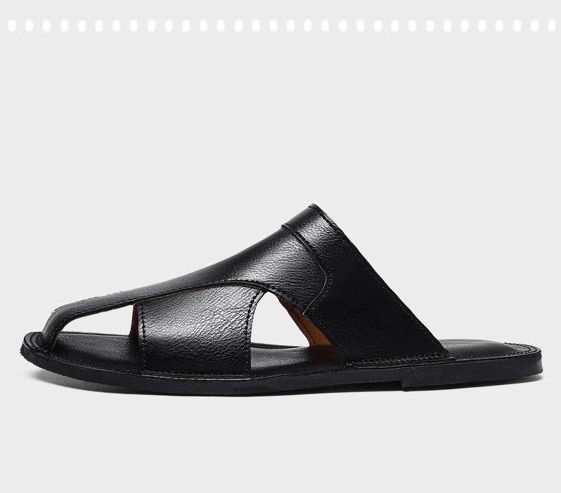 Men's Versatile Genuine Leather Beach Sandals, Sizes 46-47, Soft Sole Cowhide Summer Thong Slippers