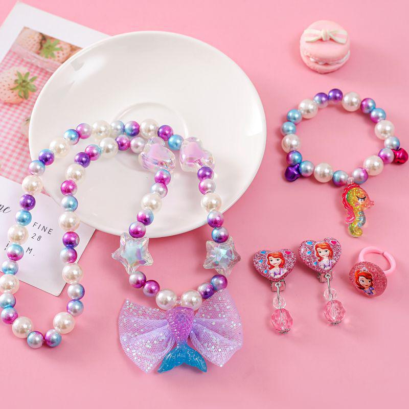 Children's Mermaid Jewelry Set: Necklace, Bracelet, Ear Clips, Rings - Cute Princess Design