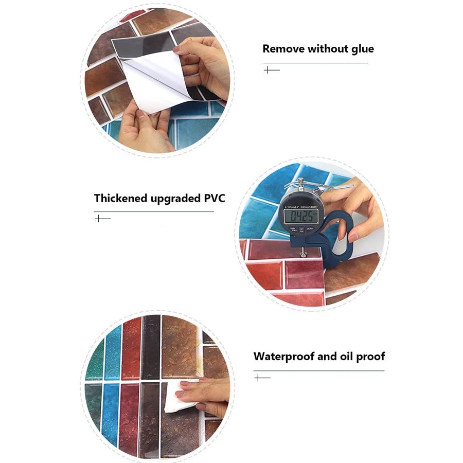 European Retro Tile Sticker PVC Self-Adhesive Kitchen Bathroom Waterproof Wall Decoration Brick Pattern Wallpaper 15x30cm 6pcs