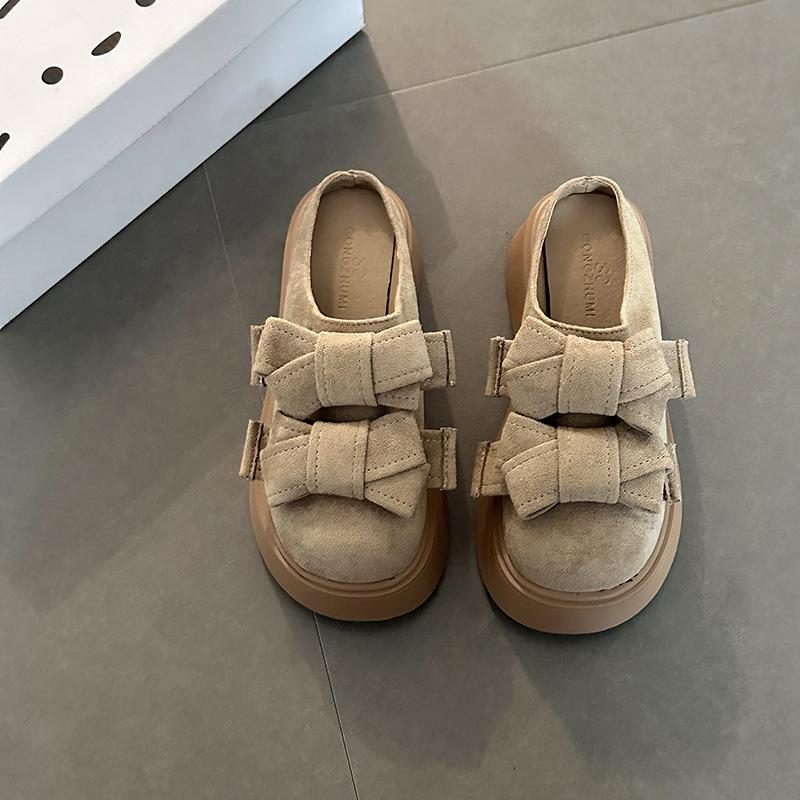 Design sense versatile single shoes bow thick-soled bag head half slippers women's summer fashion solid color suede lazy slippers