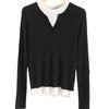 Women's 60s Fine Wool Color Block Sweater, Slim Fit, Elastic Round Neck, Fake Two-Piece Knitwear for Spring & Autumn