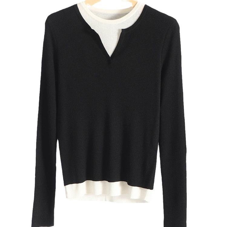 Women's 60s Fine Wool Color Block Sweater, Slim Fit, Elastic Round Neck, Fake Two-Piece Knitwear for Spring & Autumn