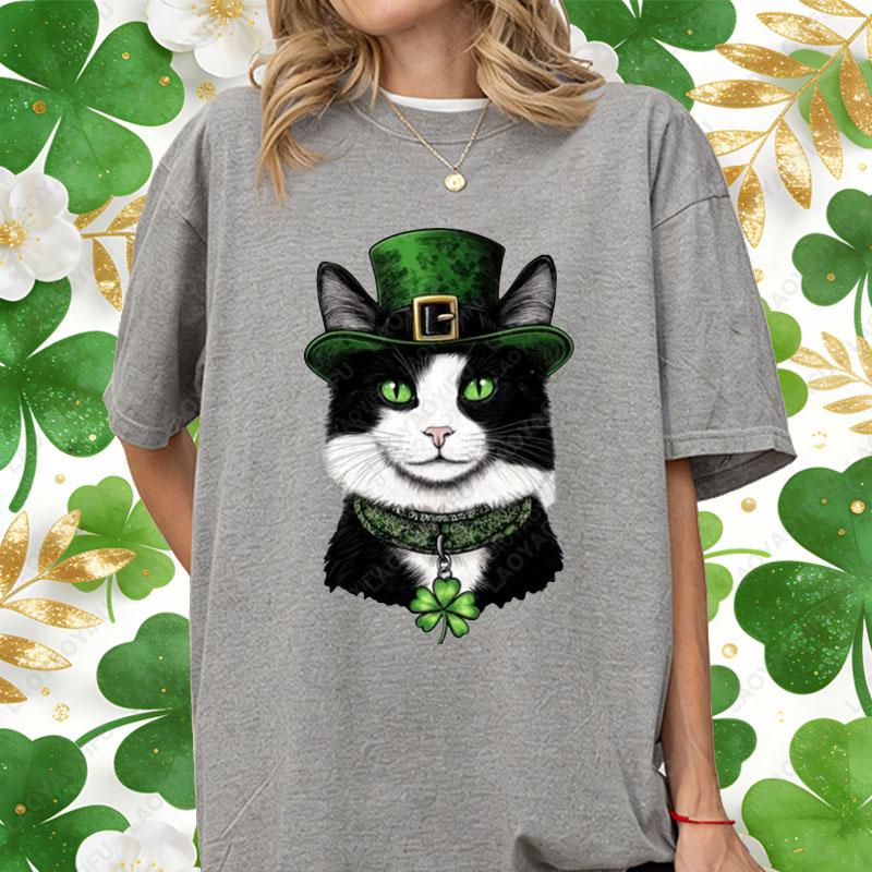 St Patricks Day Casual Unisex Cotton Shirts Lucky Clover Cute Tuxedo Cats Oneck Printed Tops Irish Women Ropa Mujer Cat Lover