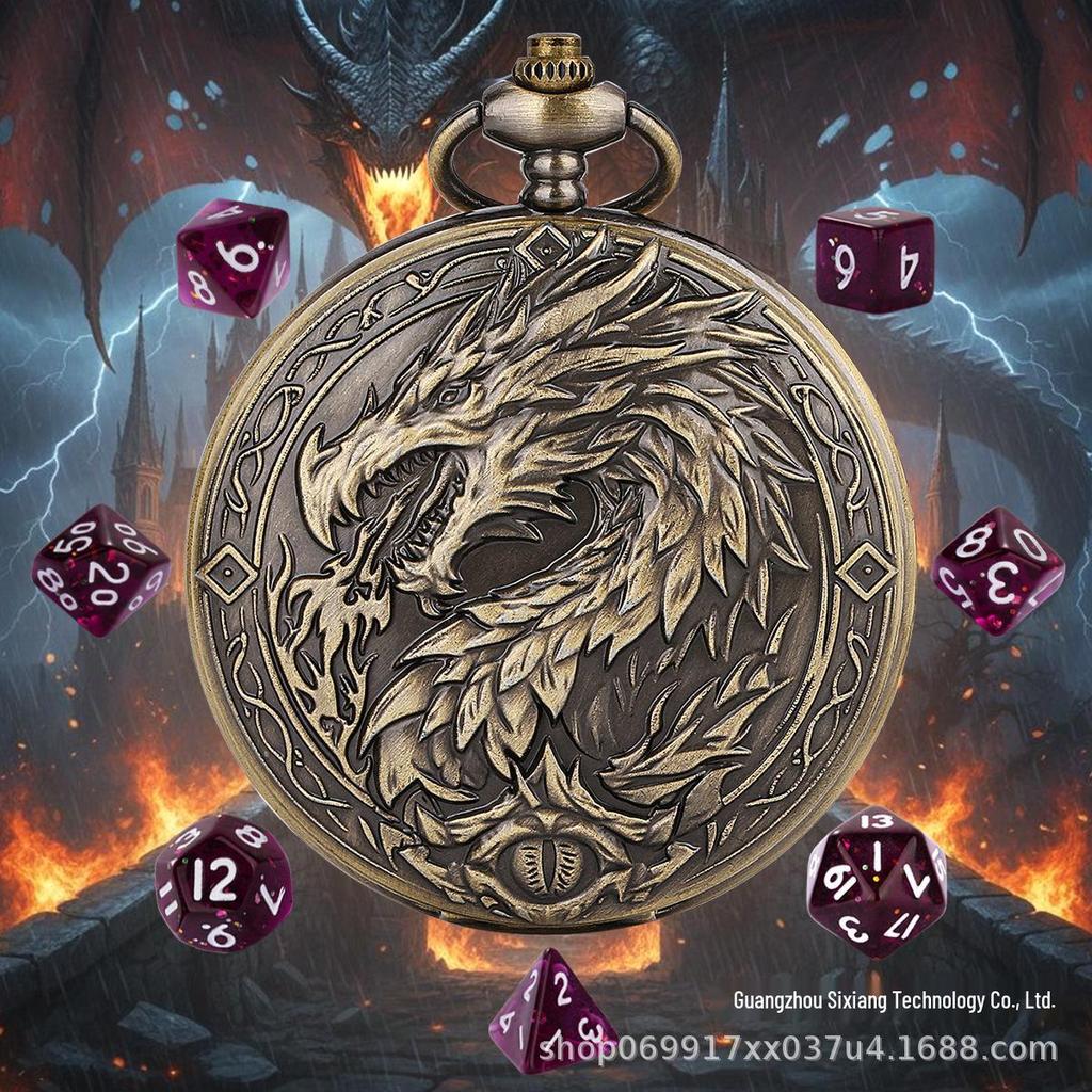 Extra-Large Retro Dragon Fire Pocket Watch Case with DND RPG Dice for Board Games