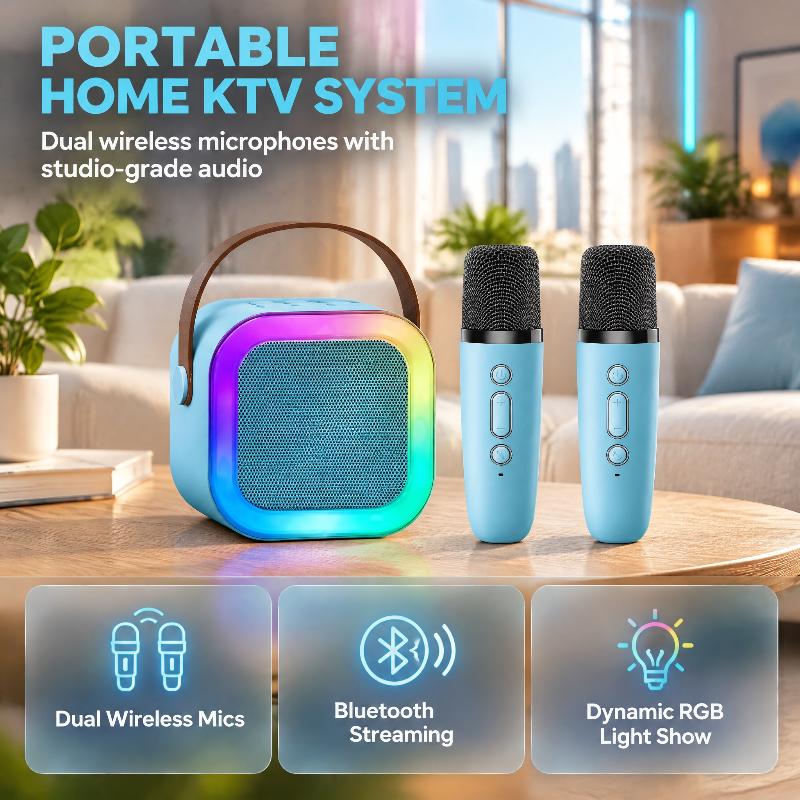 Portable Bluetooth Karaoke Speaker With 2 Wireless Microphone Rgb Color Light Home Ktv Audio Player For Party Family Gathering