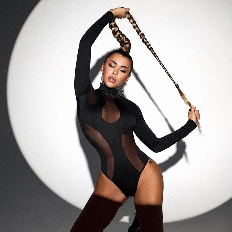 Y2K sexy Mesh-Perspektive-Spleißen hoch taillierter, langärmeliger, eng anliegender Overall für Damen im Frühling und Sommer