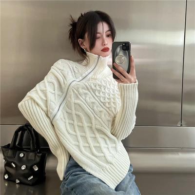 Irregular Twist Turtleneck Pullover Sweater Women's Winter Design Different Loose Thin Versatile Long -sleeved Knitted Jacket