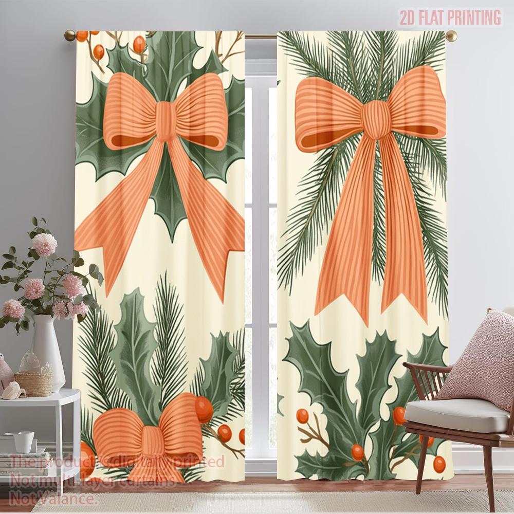 

2pcs,2D plane printing Creative Curtains Christmas Bow Pine Holly (2) Durable Polyester (without rod) Decorations For Home for 52.50×116.00 CM 2pcs