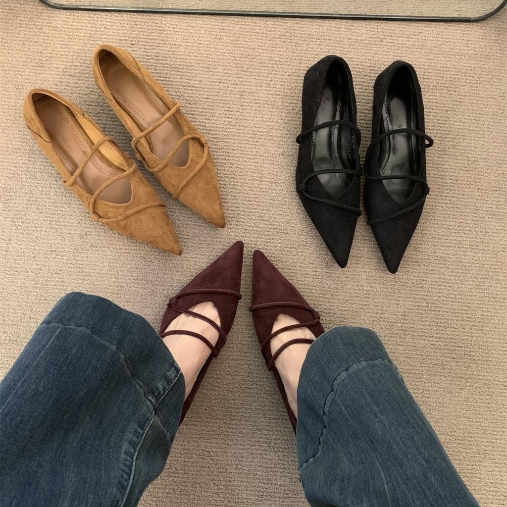 French Suede Pointed Cat Heel Light Mouth Single Shoes Women's Black Commuter Work Shoes Four Seasons Low Heel Mary Jane Shoes