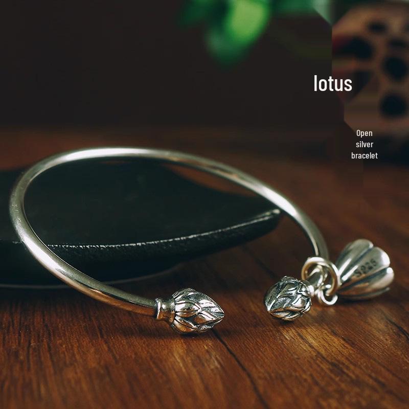 925 Sterling Silver Retro Lotus Bracelet - Adjustable Handcrafted Women s Jewelry