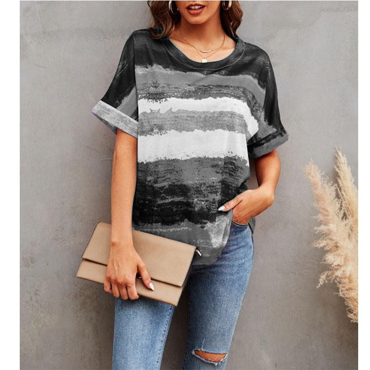 Summer Women Fashion Gradient Striped T-shirt Loose Round Neck Casual Top