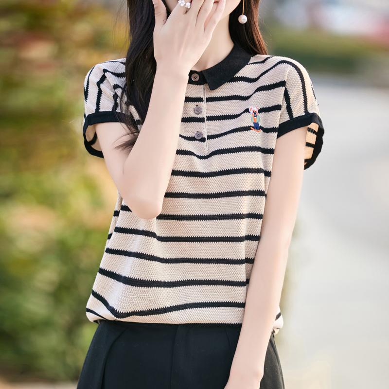 Women Knit T-shirt 100% Wool MODERN NEW SAGA Summer Knitted Shirt Short Sleeve Tees Turn-down Collar Patchwork Pullover Knit Tops