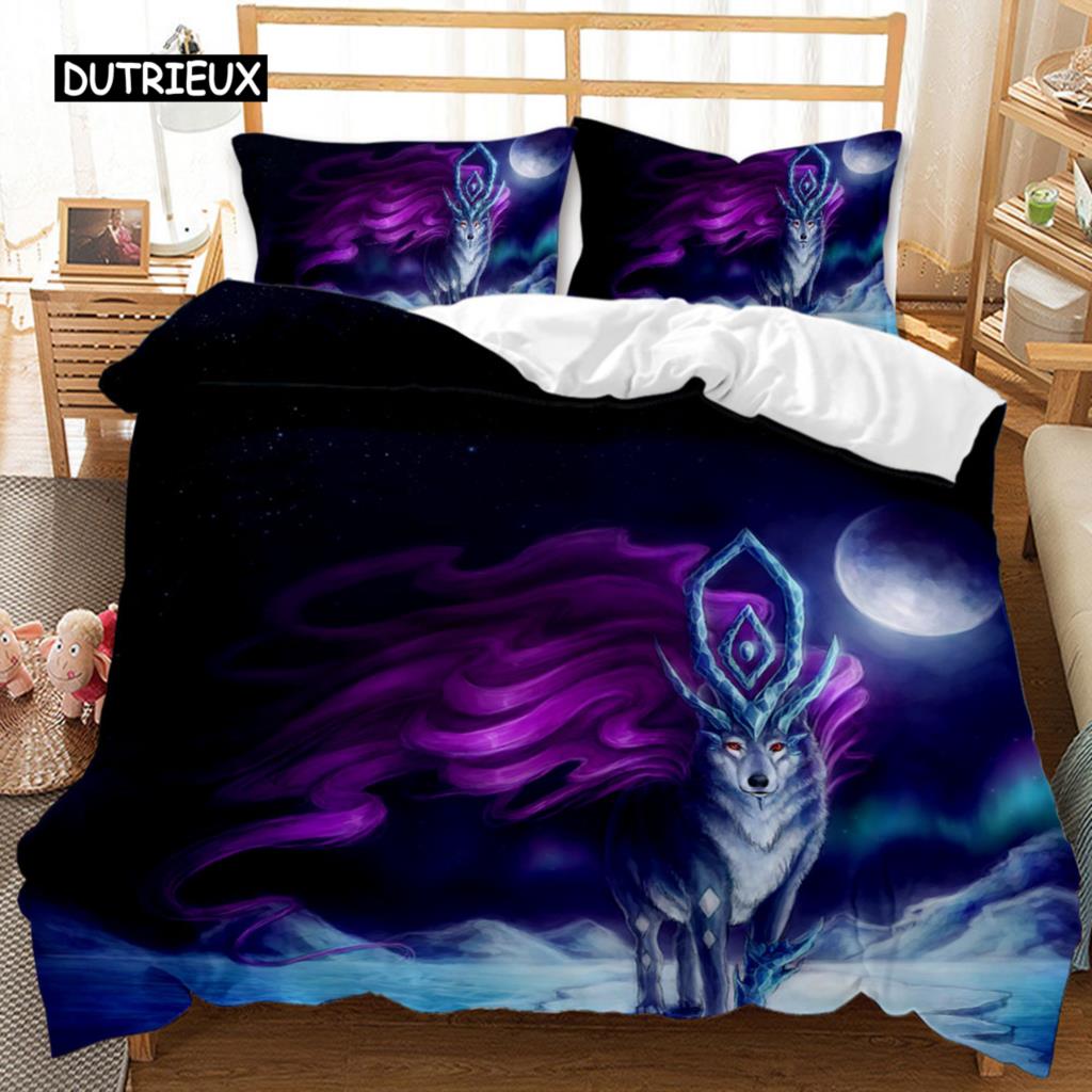 Wolf Duvet Cover Set 3D Animal Theme Bedding Set Retro Cool Wild Wolf Blue Sky Double Queen King Size Soft Polyester Qulit Cover