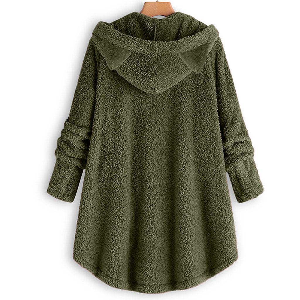 Women Button Coat SolidTops Hooded Pullover Loose Sweater Blouse Plus Size