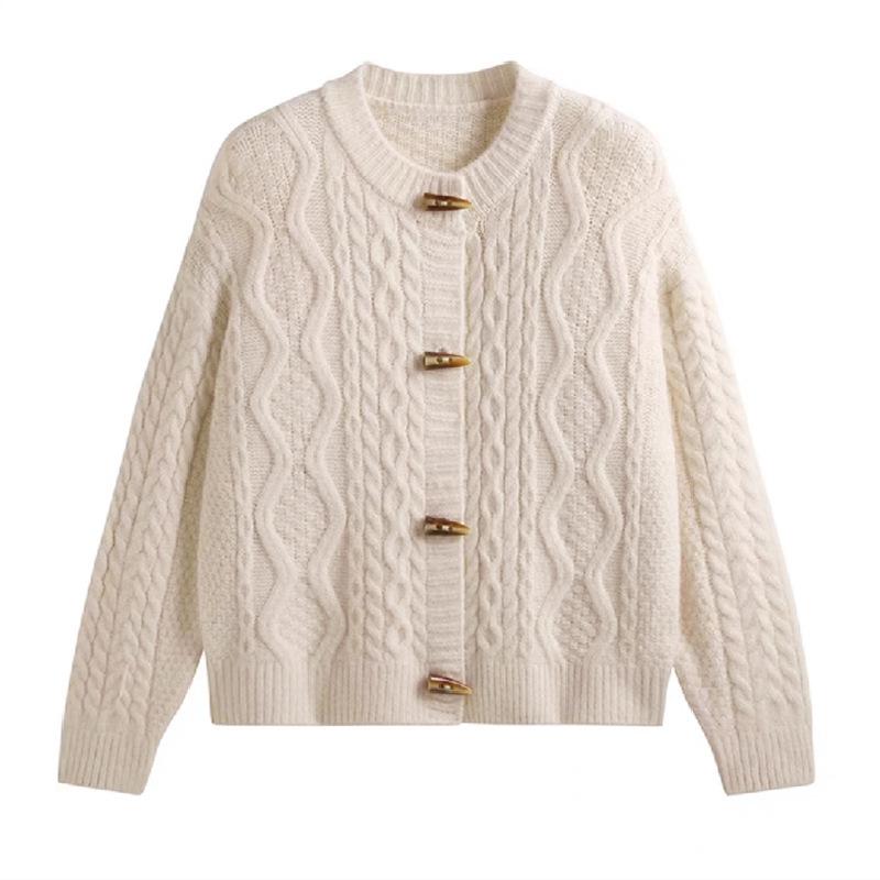 Korean Academy Style Round Neck Knit Cardigan with Horn Buttons for Women - Fall 2025
