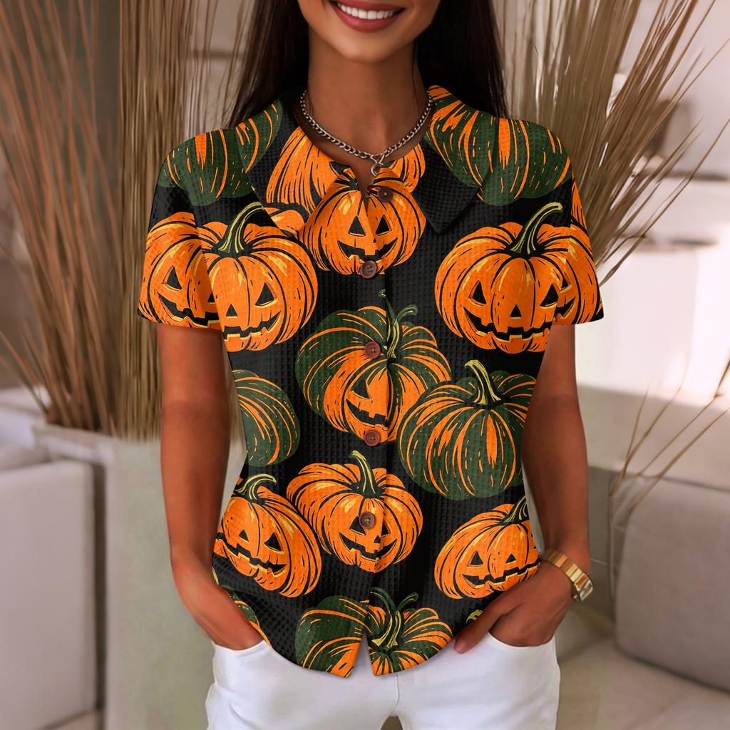 Women's Casual Button Front Waffle Knit Shirt Halloween Print Short Sleeve Top Lightweight Comfortable Relaxed Fit