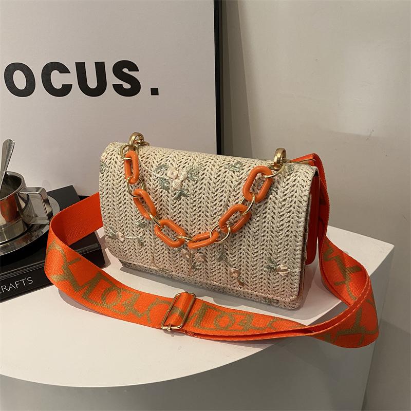 Fashion Straw Woven Bag for Women Lace Flower Crossbody Bag Versatile Small Square Chain Shoulder Handbag