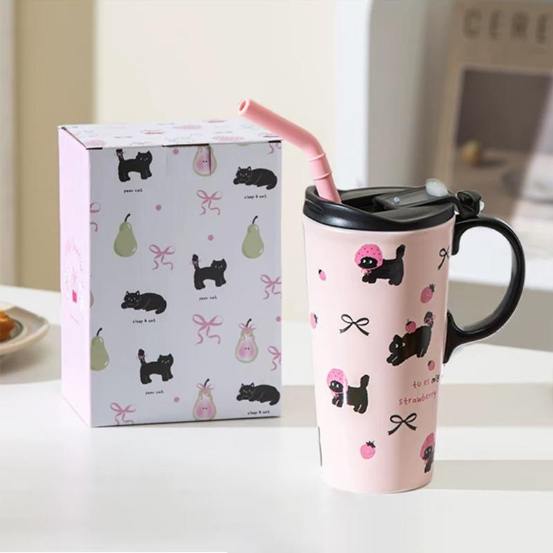 

520 мл мультфильм большой емкости соломенная чашка для воды портативные автомобильные кружки для путешествий с ручкой женский студенческий подарок на день рождения чёрный