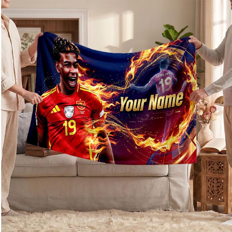 Coperta in pile personalizzata Lamine Yamal con logo del calcio, testo con nome personalizzato, morbida, calda, coperta da divano per la casa