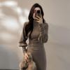 Elegante Vestido Largo Ajustado Retro con Mangas de Linterna, Cuello Semi Alto y Cintura Ceñida para Otoño/Invierno