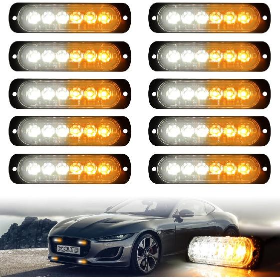 10Pcs LED Emergency Strobe Light, Amber White 6-LED Ultra Slim Surface Mount Flashing Warning Hazard Caution Light Bar For Car Truck Off Road