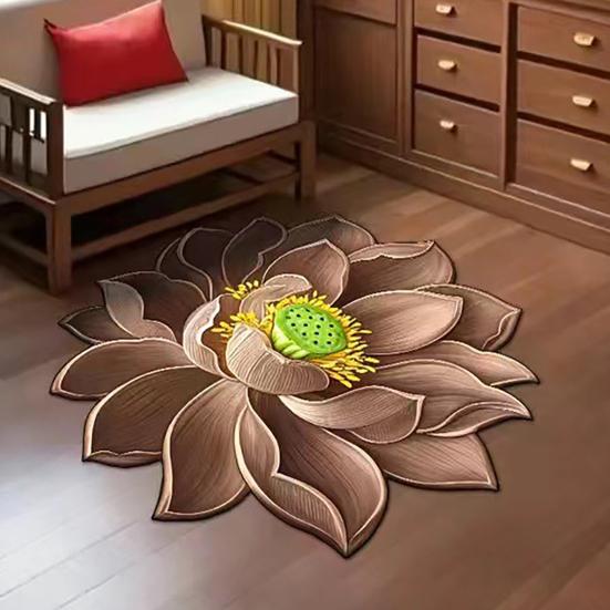 Tapis de sol 3D Lotus Tapis de salon fleur réaliste Forme fleur de lotus Antidérapant Tapis de zone pour cuisine Chambre Salle de bain Salle de jeux