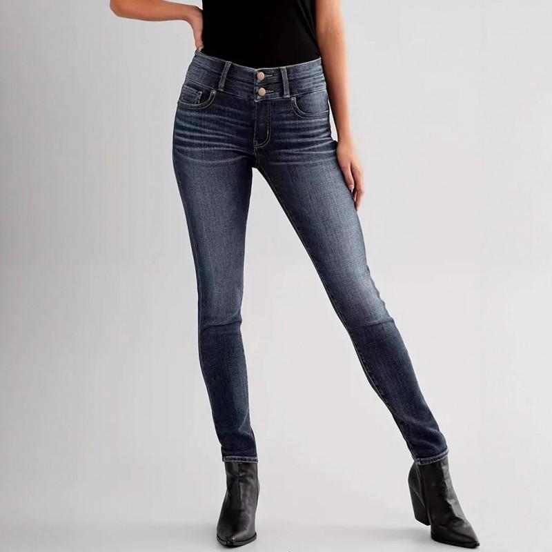 

Women s Jeans Retro Stretch Slimming Pants Fashionable All-matching Double-button Design Dark Blue Denim S