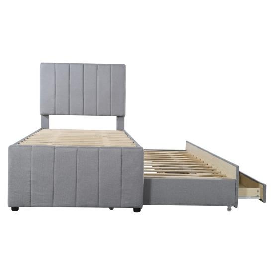 90x200cm Cotton Linen Fabric Storage Bed with Drawers Pull-out Bed Headboard Lines Design Strong Wood Slat Support Bed Home Furniture