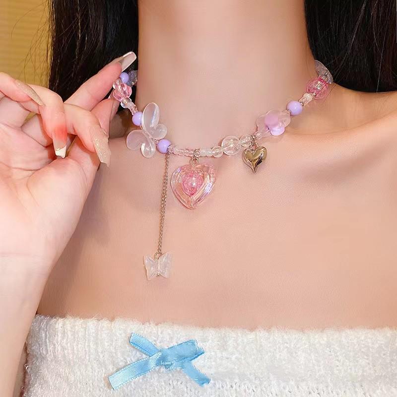 Sweet Japanese & Korean Style Butterfly Pendant Beaded Necklace – Versatile & Cool Clavicle Chain for Women