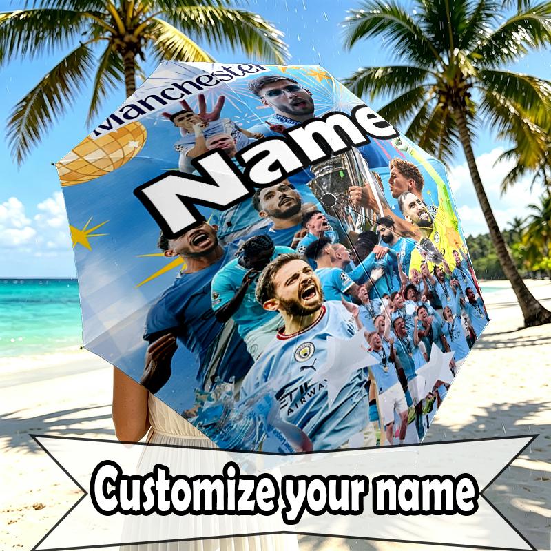 Custom Name Personalized Manchester City FC Print Umbrella, Auto Open Close, 8‑Rib Sturdy Frame, Commute Camping Hiking Use, Birthday Gift