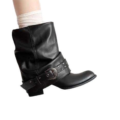 Western Buckle Boots Retro Belt Short Boots Women's Thick Heel Skinny Short Pile Pants Tube Autumn Versatile Folds