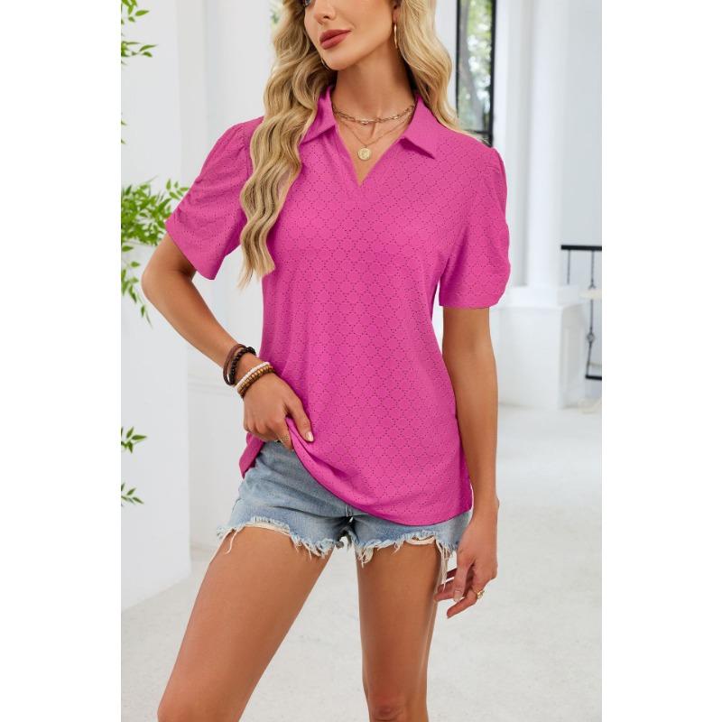 European and American cross-border foreign trade women's summer new V-neck T-shirt puff sleeve loose POLO shirt top