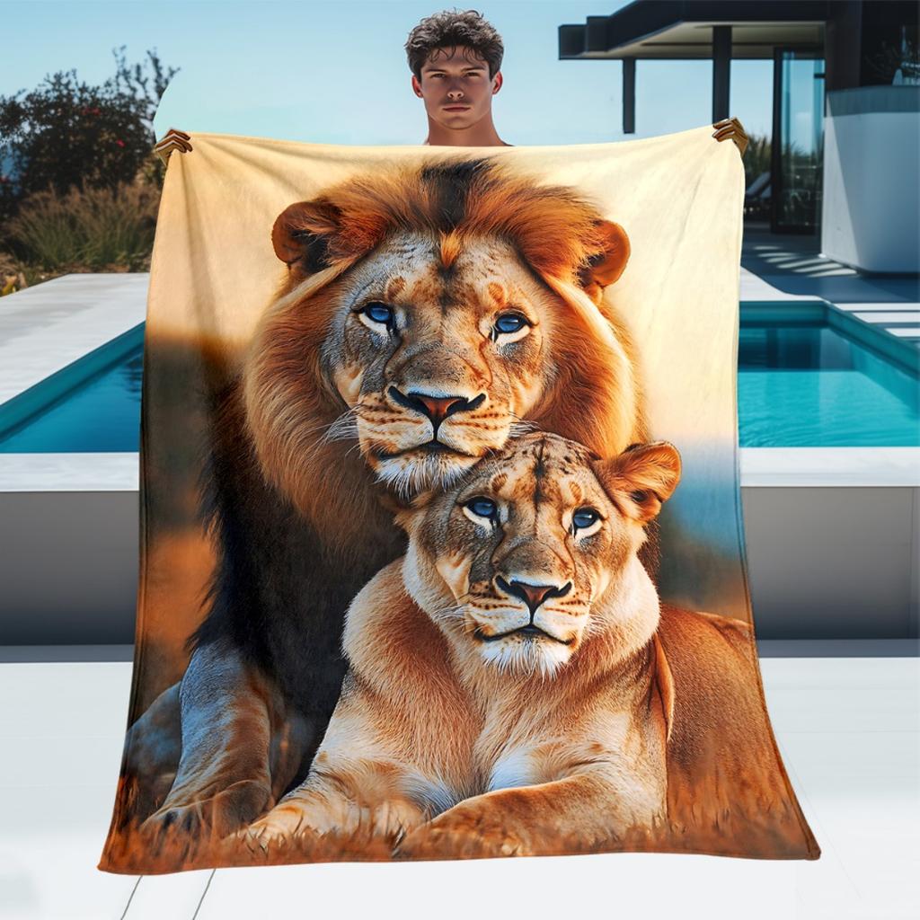 Personalized Lion & Lioness Fleece Blanket Custom Picture Name Soft Cozy Throw All Season Bedding for Living Room Bedroom Decor