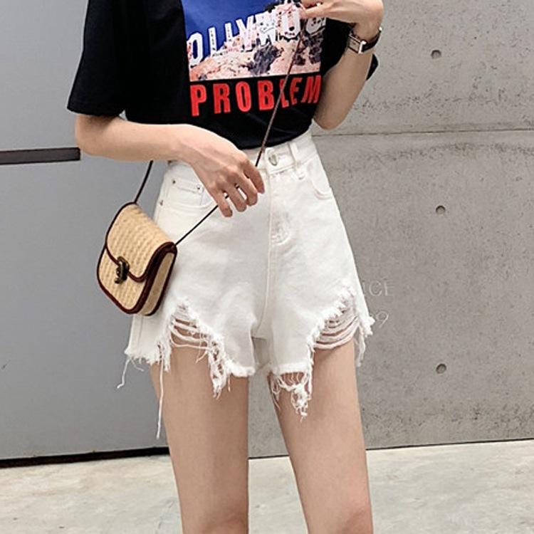 Classic and Minimalist Fashion Versatile Black Broken Holes Women's Summer High-waisted Outside Wear Thin A-line Wide-legged Ragged Denim Shorts