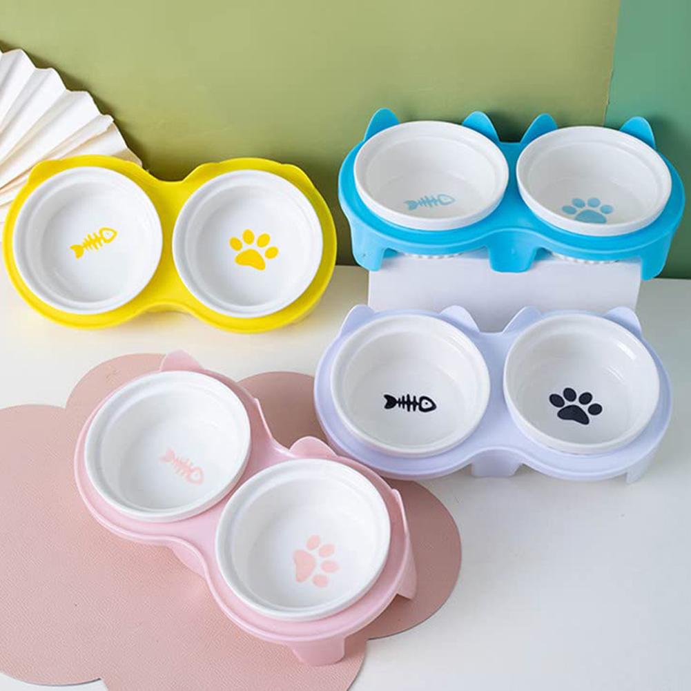 Cat Ceramic Double Bowls 300ml Large Capacity Non-slip Food Dishes With Plastic Rack For Indoor Cats