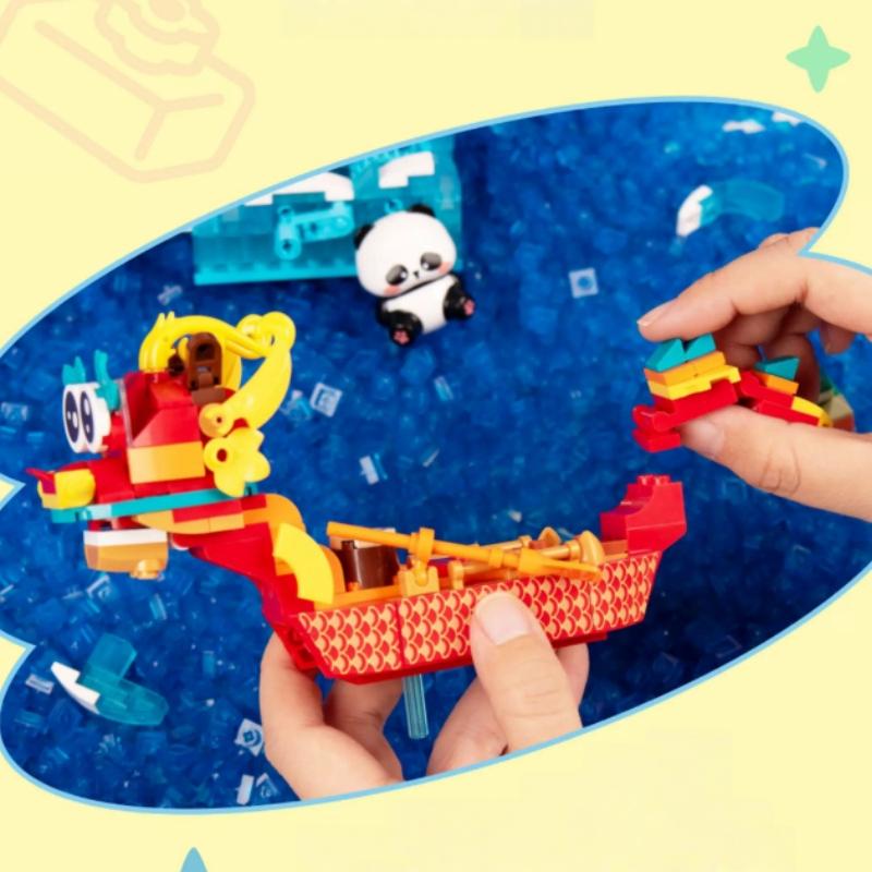 Chinese Dragon Boat Building Blocks Q Version Panda Model Cartoon Animal Collection Ornaments Birthday Gift Children's Toys