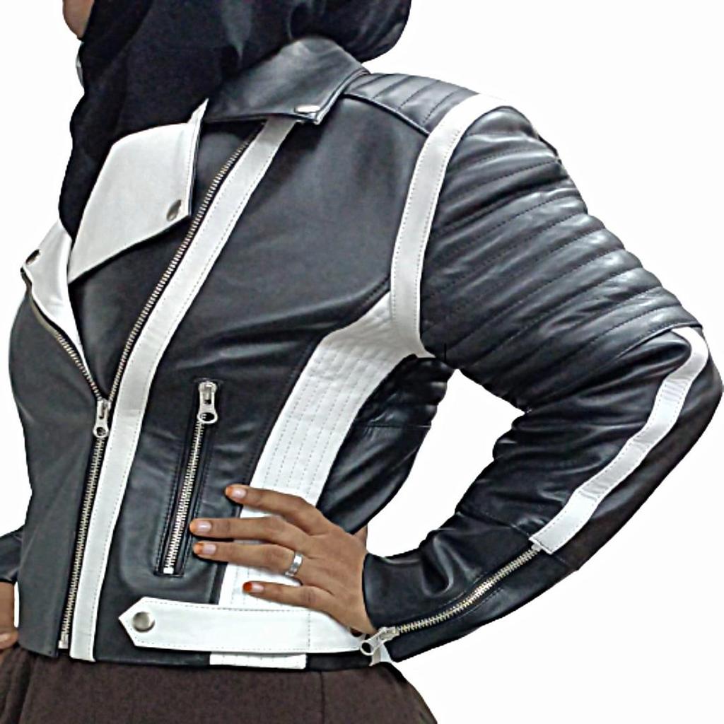 Women's And Girl's Black & White Stylish Jacket, Quilted Biker Jacket, Motorcycle Jacket, Leather Moto Jacket, Ladies Biker Jacket, Wife Gift