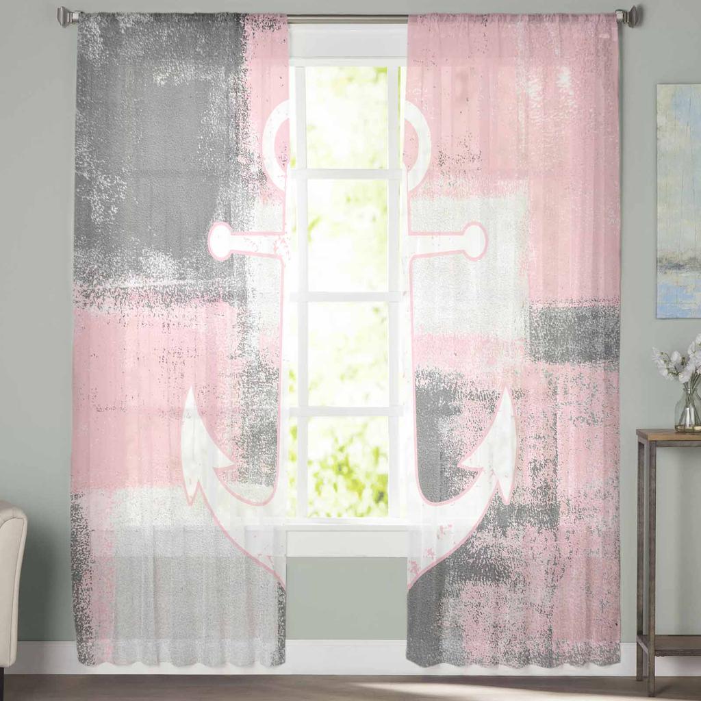 Retro Abstract Paint Ship Anchor Pink Window Tulle Curtains for Living Room Bedroom Hotel Luxury Decoration Sheer Curtains
