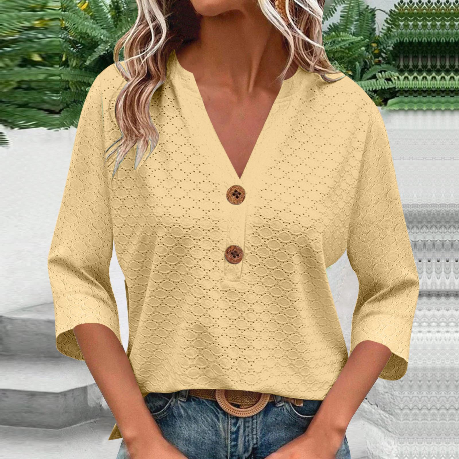 

Women s Fashionable Loose-Fit Button-Down V-Neck Three-Quarter Sleeve Casual Top XL жовтий