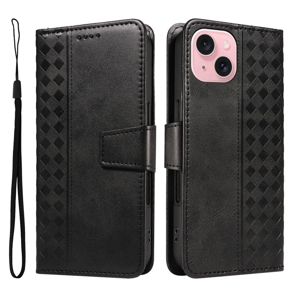 For iPhone 15 Leather Case Wallet Stand Grids Imprinted Phone Cover with Strap