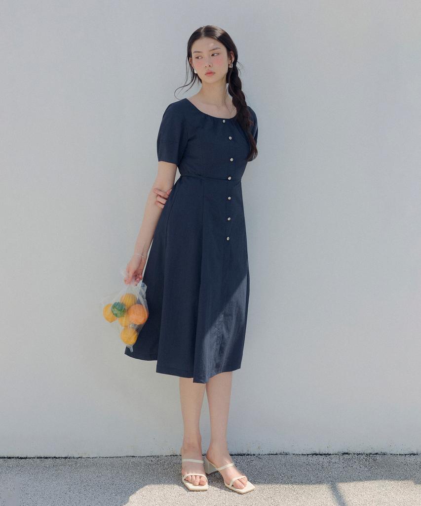 Roem Shirred Neck Short Sleeve Long Dress Rmowg37R13