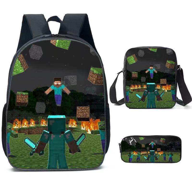 Minecraft Cartoon Print Backpack Set 3-Piece Student School Bag Water-Resistant Large Capacity Unisex