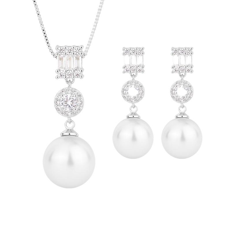 Jewelry Copper Bottom Gold-Plated Inlaid Fritillary Pearl Diamond Pendant 14Mm Stud Earrings 12Mm Set