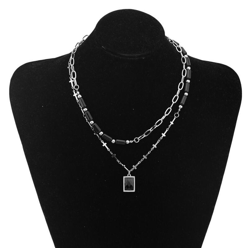 Double Layer Cross Pendant Necklace Women Titanium Steel O-Chain Geometric Minimalist Choker Statement Jewelry