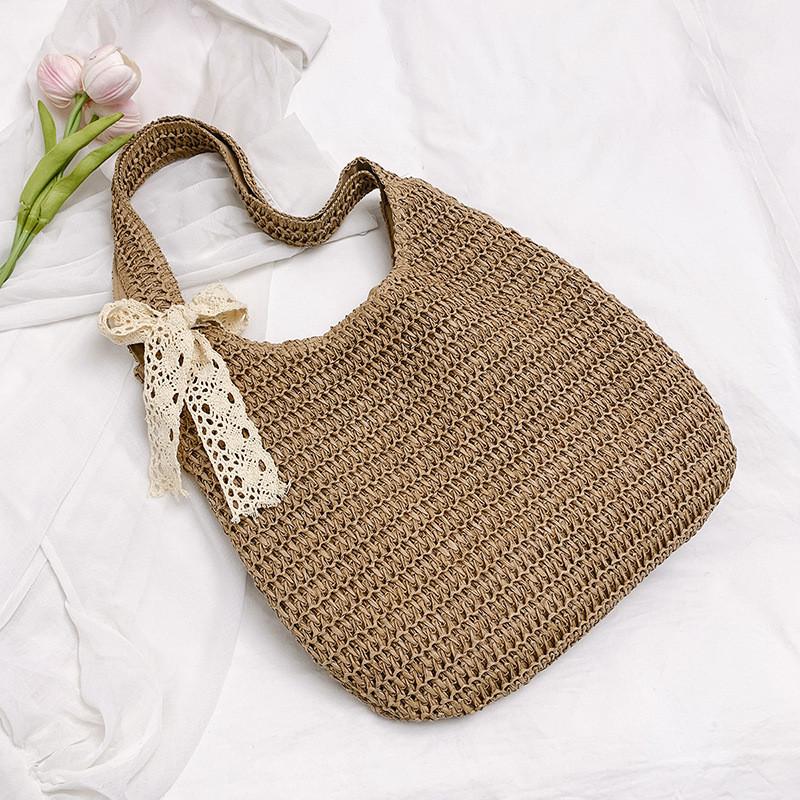 Summer Boho Woven Bag With Zipper Closure For Beach And Casual Use