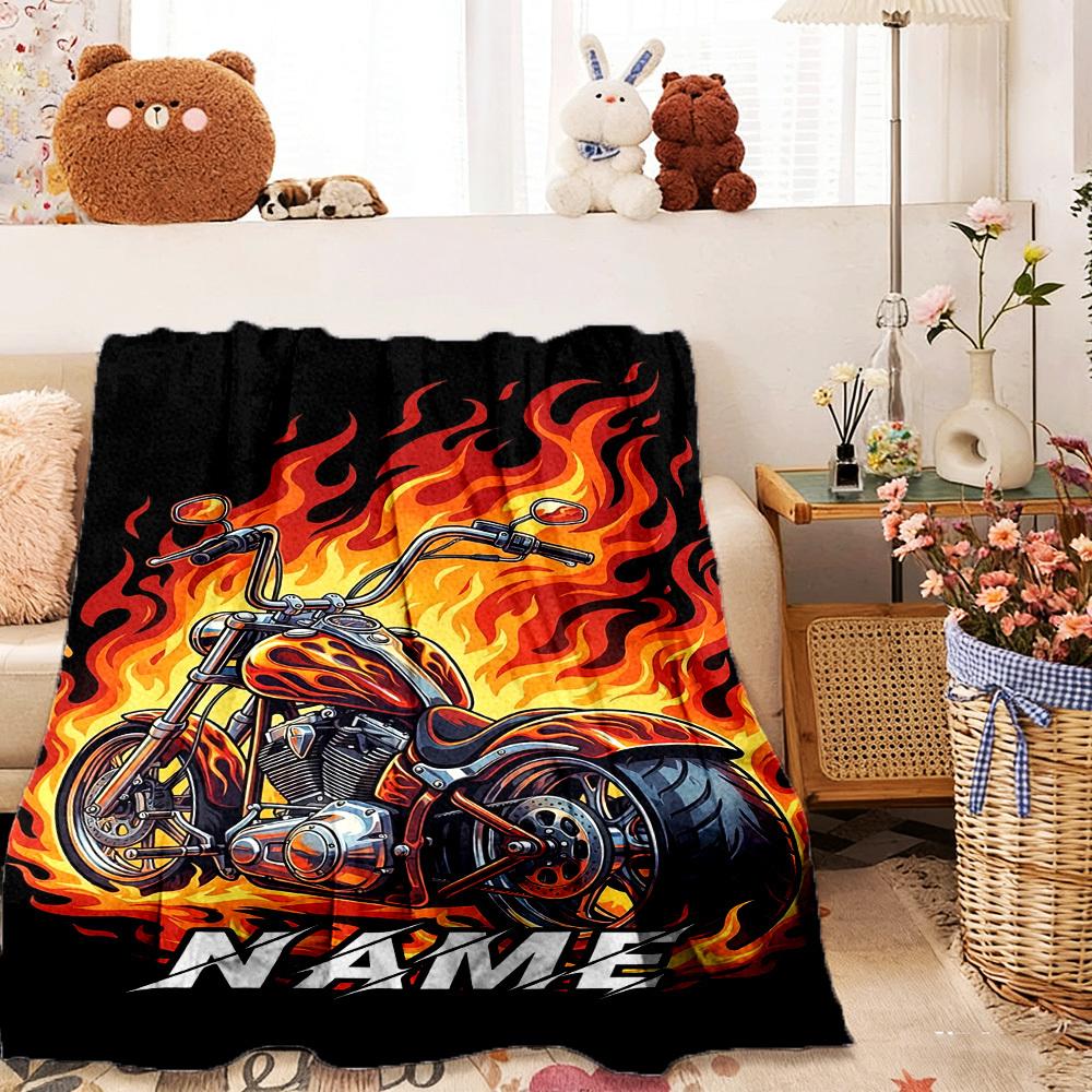 Motorcycle Flames Home Customize Your Name Blankets Comfortable Soft Lightweight Allseason Multipurpose Blanket For Picnics Sofas Offices Beds Living