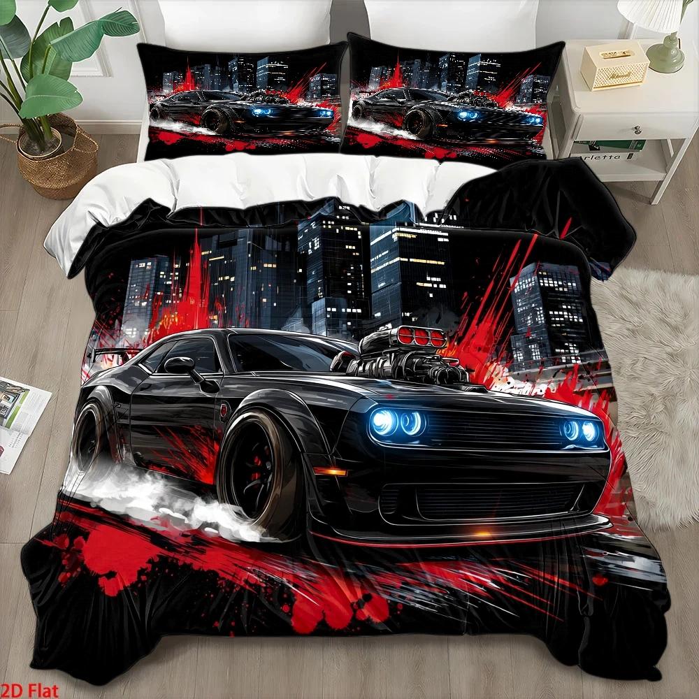 Housse de couette de voiture de sport noire Ensemble Multi Tailles Housse de couette Taille Queen Décoration de literie de chambre Lavable en machine Adulte Garçon Fille Décor de chambre à coucher 90Cmx190Cm