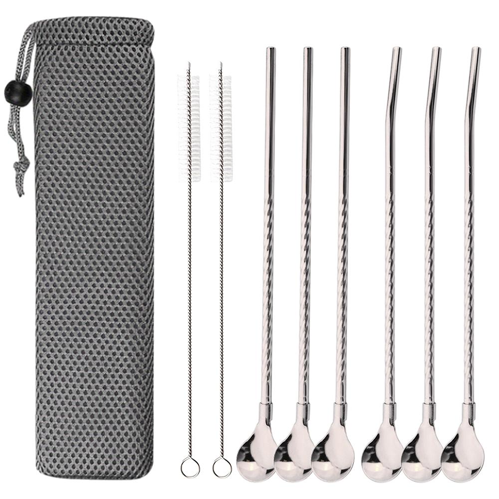 9Pcs Reusable Straw Spoon Tableware Stainless Steel Metal Straw Cocktail Drinking Straw Spoon Milk Bar Coffee Stirring Accessory серебряный